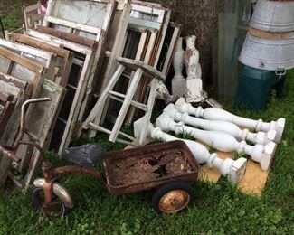 Set of 4 large balusters: $75; set of 4 small balusters $40; trike: SOLD; stool: $5, windows: call for pricing