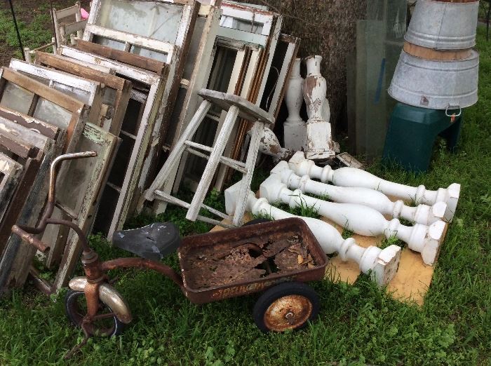 Set of 4 large balusters: $75; set of 4 small balusters $40; trike: SOLD; stool: $5, windows: call for pricing 