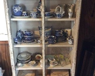 Cabinet sold, All blue and white dishes $30