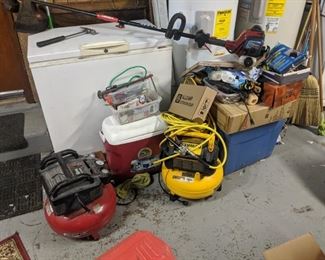 Compressors are sold. dewalt air compressor $125, porter cable air compressor $125, chest freezer $100, toro weedeater (there are three!) $75. lil red cooler $8