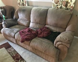 recliner couch, has been well loved. left side doesn't recline, rough dimensions (in inches)  89w x 42d x 36h--- $175