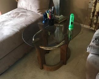 oval wood/ brass/ glass table. rough dimensions, in inches, 24w x 30l x 20h. $45-- silvery lamp, 30 inches, $25
