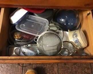 pyrex bowl $15, kitchen utensils $2