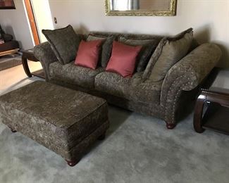 big ole floral couch- plenty of comfy. rough dimensions, in inches, 100w x 43d x 40h. Comes with matching ottomon 19h x23.25l x 43w. $300