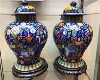 Beautiful matched pair of signed geometric cloisonne vases on bases