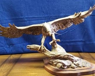 Wings of Freedom ~ Soaring Eagle Bronze w/Silver Head and Tail Feathers ~ Sandy Scott ~ Wing Span: 39 in. ~ Height: 22 in. Tall ~ Depth: 24 in. Front to Rear ~ Valued over $2700