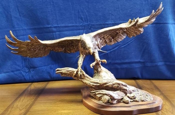 Wings of Freedom ~ Soaring Eagle Bronze w/Silver Head and Tail Feathers ~ Sandy Scott ~ Wing Span: 39 in. ~ Height: 22 in. Tall ~ Depth: 24 in. Front to Rear ~ Valued over $2700