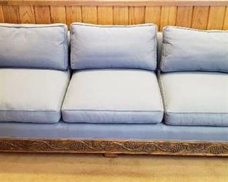 Romweber Viking Oak Furniture ~ 3 Cushion Couch ~ Slate Blue Upholstery w/Carved Oak Trim ~ 90 in. x 34 in. x 26 in.