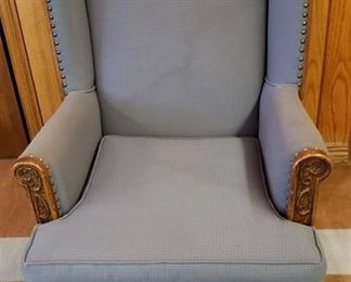 Romweber Viking Oak Furniture ~ Wing Back Chair ~ Slate Blue Upholstery w/Carved Oak Trim ~ 27 in. x 31 in. x 38 in. Tall (back)