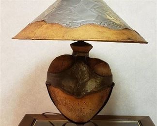 Cradled Heart Lamp ~ Steel, Leather and Tin Materials ~ Works ~ 24 in. tall x 21 in. diameter Shade