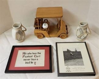 Lot of Golf Decor #2 ~ Wood Cart, 2 Casade Porcelain Golf Bags and 2 Framed Golf Humor