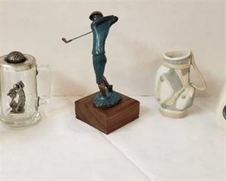 Lot of Golf Decor #3 ~ Brass Golfer, 2 Golfer Mugs, Casade Porcelain Golf Bag Vase and LBGA (Laid Back Golfing Assn.) Golf Bag Vase