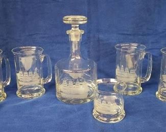 Lot of Etched Clear Glass Bar Ware ~ Cutter Ship Design ~ Decanter, 4 Large Mugs and Hi-ball Glass