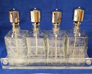 Set of 4 Etched Clear Glass Liquor Decanters in Holder ~ holder has Crack on one side