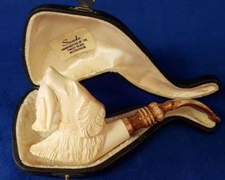 Meerschaum Deluxe Hand Carved Pipe ~ Hunting Dog with Case ~ 6 1/2 in. long ~ Used