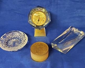 Lot of Crystal and Brass Clock ~ 3 Crystal pieces: Award Clock Ashtray and Pipe Holder ~ Clock: Brass Liberty - Bulova Wind Up