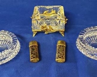 Lot of Crystal Ashtrays and Brass Lighter Covers
