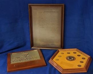Antique Insurance Memorabilia ~ Framed Copy of 1850 policy and Award Plaques