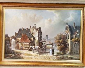 Large Framed Oil Painting by R. Bernard ~ Village Scene ~ 36 in. x 24 in. ~ Framed: 41 in. x 29 in.