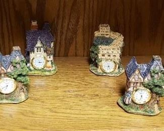 Collection of 6 Village Homes w/clocks (resin) ~ some chips in roofs ~ mainly 4 in. tall