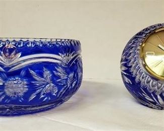 Collection of 2 Blue cut to Clear 24% Lead Crystal Bowl and Clock Holder ~ Made in Poland