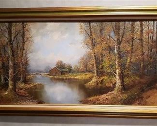 Large Framed Oil Painting by Brauer ~ Ol' Barn Landscape Scenery ~ 48 in. x 24 in. ~ Framed: 55 in. x 31 in.