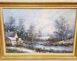 Large Framed Oil Painting by H. Farsburg ~ Farmhouse & Pond Landscape Scenery ~ 36 in. x 24 in. ~ Framed: 42 in. x 30 in.