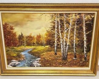 Large Framed Oil Painting by Istvan Porubszky ~ Aspens & Creek Landscape Scenery ~ 36 in. x 24 in. ~ Framed: 43 in. x 31 in.