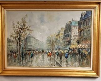 Large Framed Oil Painting by L. Mannet ~ City Street Scenery ~ 36 in. x 24 in. ~ Framed: 44 in. x 32 in.