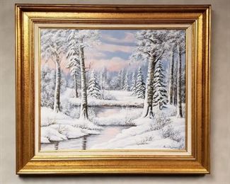 Framed Oil Painting Malota Bela~ Winter Landscape Scenery ~ 24 in. x 20 in. ~ Framed: 32 in. x 28 in.