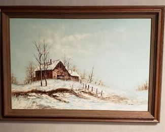 Large Framed Oil Painting by M. Cater ~ Winter at the Barn Scenery ~ 36 in. x 24 in. ~ Framed: 42 in. x 30 in.