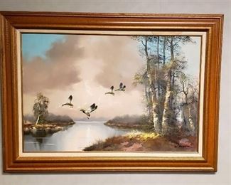 Large Framed Oil Painting by E. Wobek ~ Flying Mallad Ducks ~ 36 in. x 24 in. ~ Framed: 44 in. x 32 in.