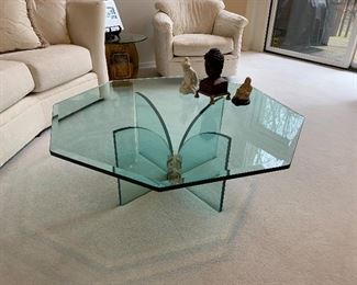 Mid Century Modern Pace hexagonal glass cocktail table (41.5”W x 14.5”T) - $750 or best offer.