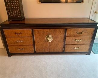 Century Furniture Chinoiserie dresser with burl wood finish (76” x 17.5”D x 30”T) - $2,500 or best offer.