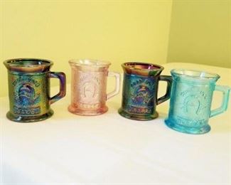 $30.00
Lot of 4 HOACGA Good Luck Mugs.  2 blue carnival glass bottom stamped 1984 convention. Light blue 1978 and pink stamped 1985 convention. 
G8