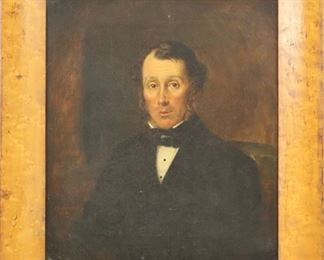 Lot 50: J. B. Brenner, n.d.  A mid 19th century oil on canvas portrait of a gentleman.  Signed center left "J. B. Brenner" and dated 1858. Surface grunge, some craquelure.  Image 11 1/4 x 14" high, in an antique Birdseye Maple frame 15 1/4 x 17 3/4" overall. 