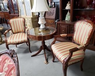 (2) Upscale striped fabric ornate carved cherry wood arm chairs  $300  Call for pricing on other items