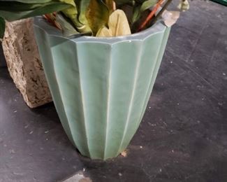 Tall ribbed turquoise ceramic vase $45 