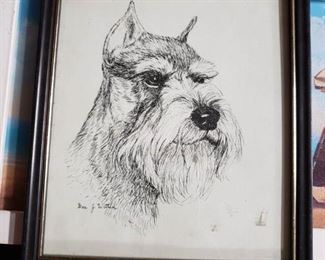 Framed Dee J. Witten signed Schnauzer drawing