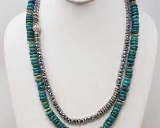 907	

Turquoise Necklace With Sterling Silver Clasp and Sterling Silver Beaded Accents, and A Beaded Necklace Weighs Approx 71.3g
Turquoise Necklace With Sterling Silver Clasp and Sterling Silver Beaded Accents, and a Beaded Necklace Weighs Approx 7.1g Measures Approx 24"
