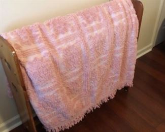 Antique Bedroom Lot #6 Quilt Rack with pink spread—quilt rack needs tightened $50.00
Dimensions Quilt Rack
35 1/2”L 11”W 32”H