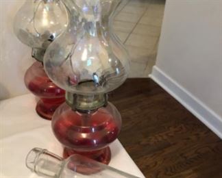 Foyer #1 Pair of Oil Lamps w/iridescent globes & glass rolling pin $20.00