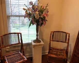 Den Lot #16 Bamboo chairs/floral pedestal $45.00