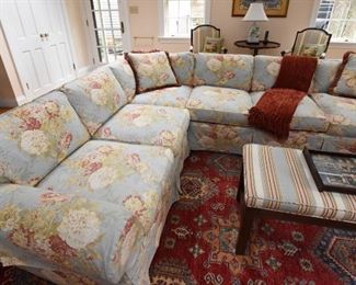 ITEM 1: Light Blue Cabbage Rose Sectional $525 Fair/Good condition. One of the seat cushions has a 8”- 9” spot. It looks to me like sometimes the family dog didn't stay on the blanket. There are a few pictures of it specifically. Otherwise this sofa is in good condition. 4 matching pillows included. Requires professional mover