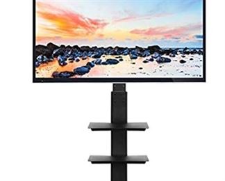 Rfiver Universal Floor TV Stand with Swivel Mount and Adjustable Media Shelves for 32 37 43 47 50 55 60 65 inch Flat/Curved Screen TVs, Internal Wire Management and Tempered Glass Base, Bla