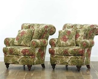 Pair Scrolled Back Floral Upholstery Armchairs