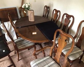 CHERRY DINING TABLE,  EXTENDS TO 10' WITH TWO LEAVES, PADS, 8 UPHOLSTERED MATCHING CHAIRS EXTENDERS $750 OBO