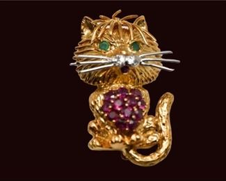 2. Cartier 18K Gold, Ruby and Emerald Lion Kitten Brooch Pin