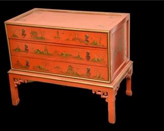 7. Heckman Coral Chinosirie Decorated Three Drawer Cabinet on Stand