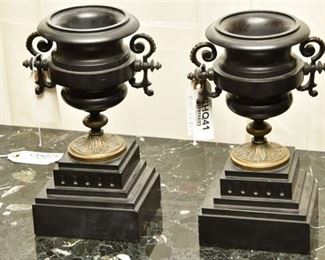 15. Pair Victorian Bronze and Slate Garniture Bassant Type Urns Bookends